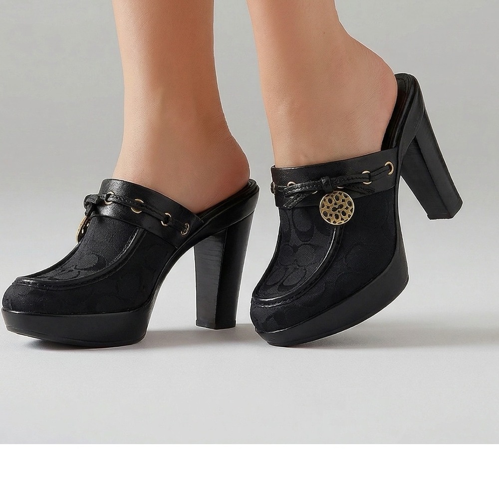 Coach Black Signature Jacquard Platform Mules Leather Trim Gold Logo Heel size 8